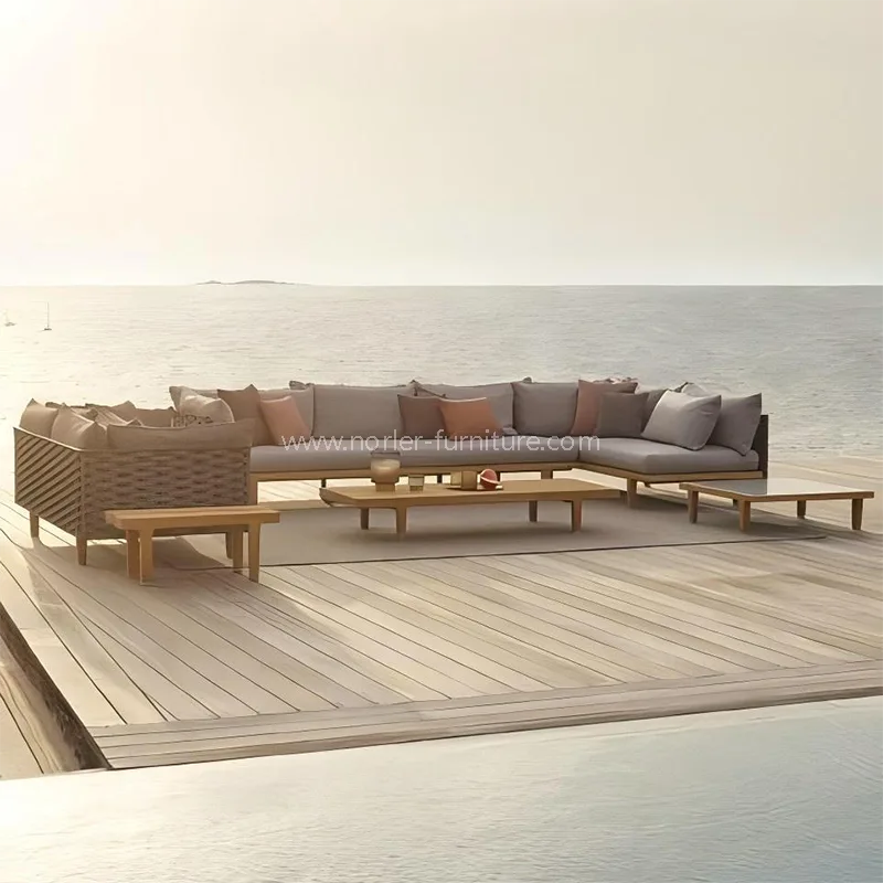 Modern utomhus teak träramrep vävd soffa